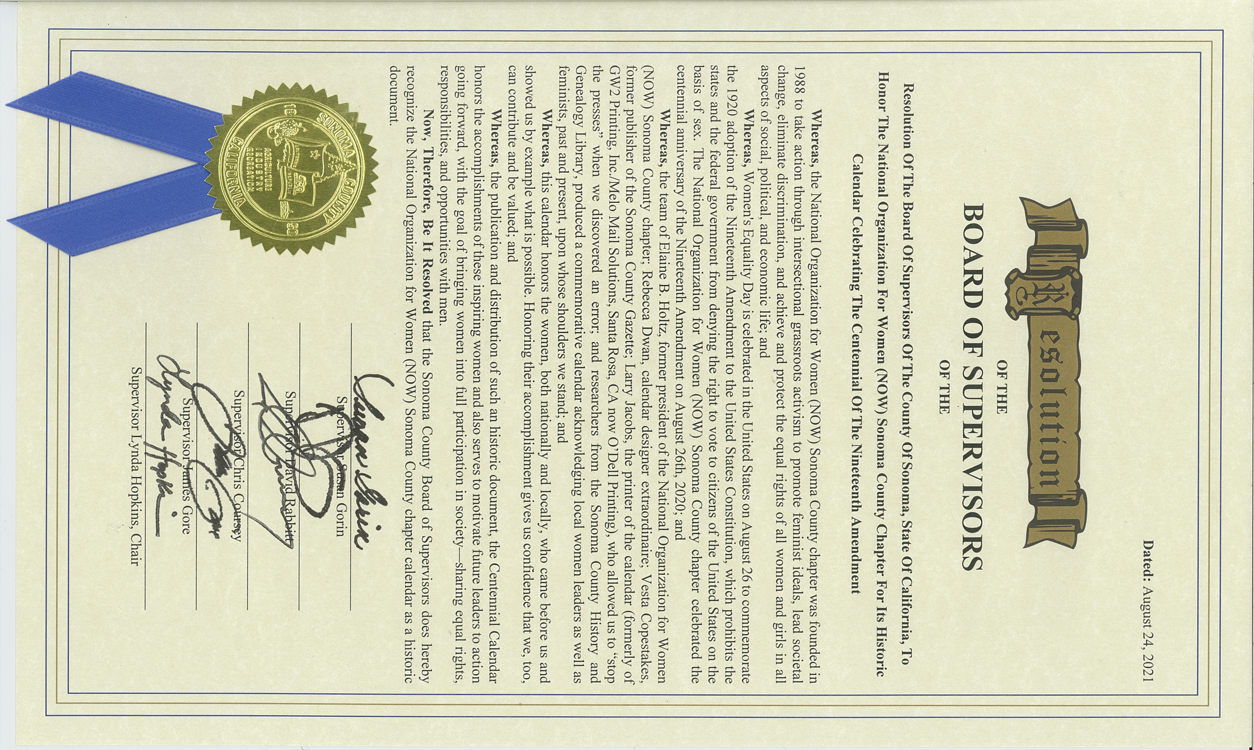 Gold Resolution of Board of Supervisors of County of Sonoma